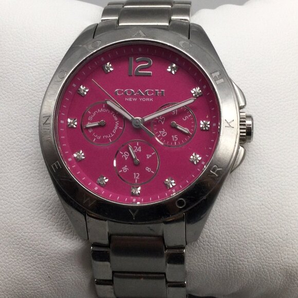 Coach Tristen Watch Women 37mm Silver Tone Day Date Pink Dial New Battery 6" - Picture 1 of 13